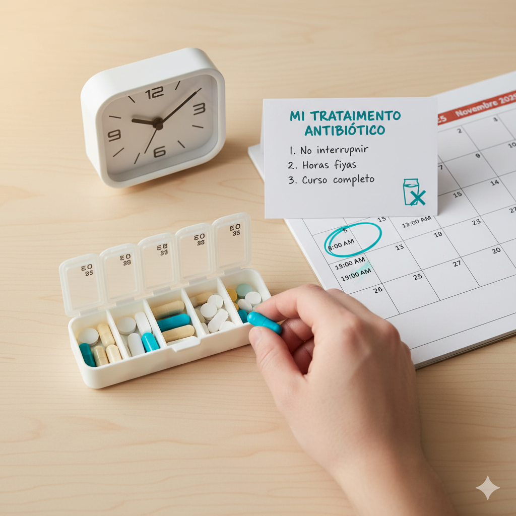 Cápsulas de antibióticos sobre una receta médica o guía de medicación. Enfatizando el uso correcto.
