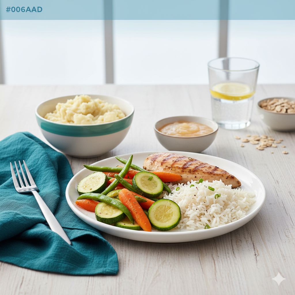 Mesa con platos de comida saludable, fruta, pescado y verduras cocidas. Enfocado en dieta para ostomía.