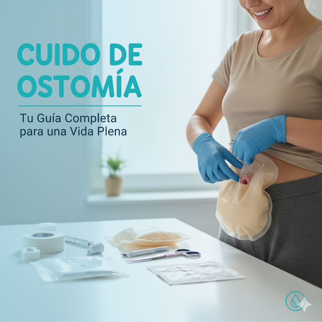 Mujer realizando el cuidado de su ostomía con guantes. Imagen de portada con texto: Cuidado de Ostomía: Tu guía completa para una vida plena